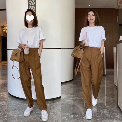 小众焦糖色高腰宽松休闲阔腿卷边西装长裤女设计感裤子夏季薄款
