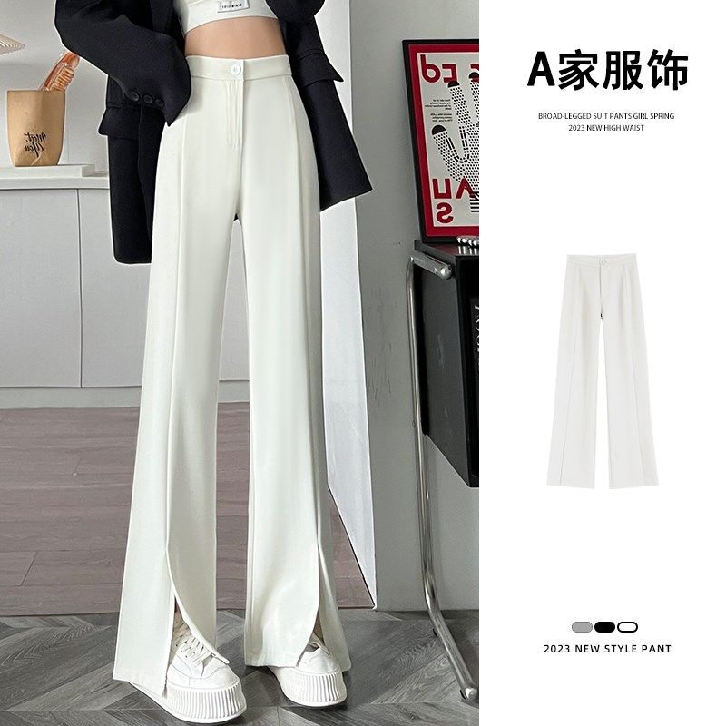 黑色微喇阔腿裤女夏薄高腰垂感小个子休闲窄版直筒拖地开叉西装裤