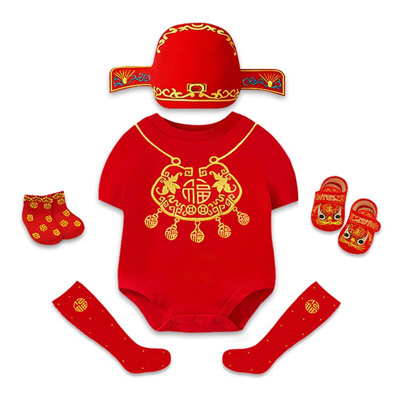 周岁礼服男宝宝夏季婴儿连体衣定制满月百日宴红色包屁抓周服薄款