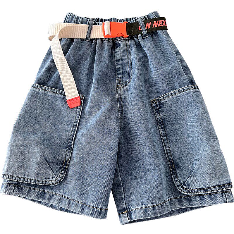 软牛仔短裤 腰带可拆卸~男童宽松休闲中裤中大童时尚大口袋五分裤