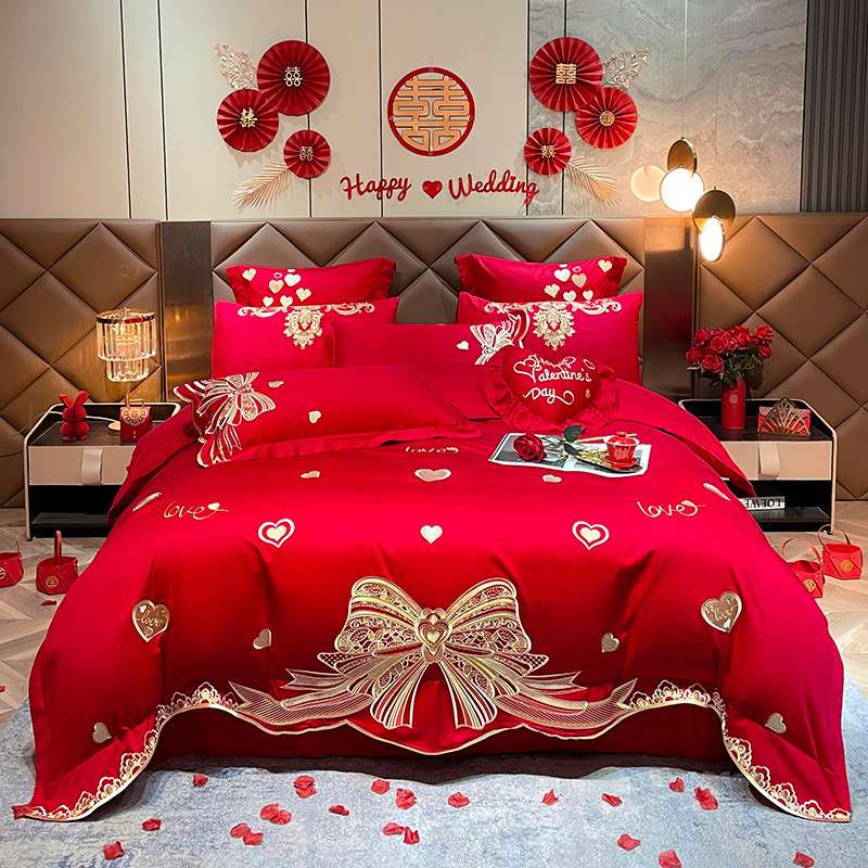 婚庆四件套婚嫁新婚床品刺绣被套大红中式结婚礼婚房婚床龙凤纯棉