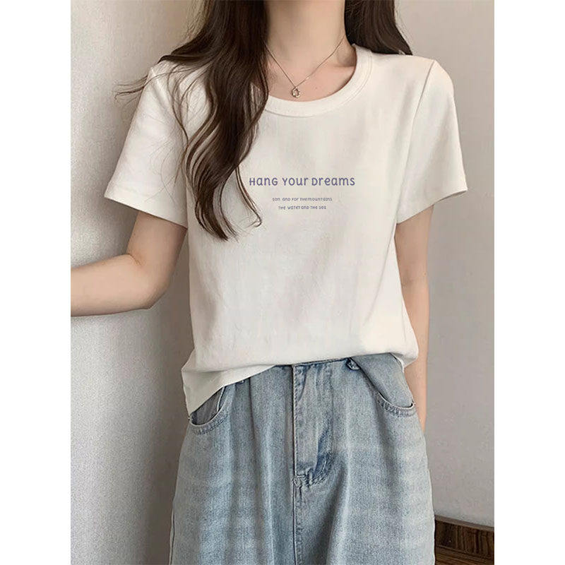 纯棉宽松显瘦短袖正肩T恤女ins休闲简约白色薄款上衣2026新款春季