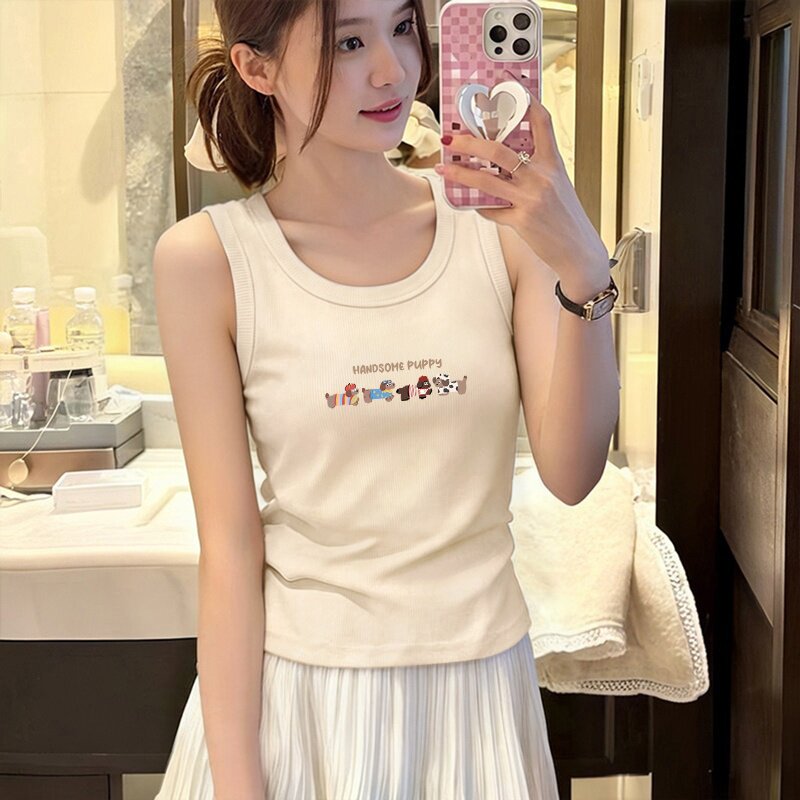 棉质吊带背心女内搭打底时尚卡通无袖t恤设计感外穿短款显瘦上衣