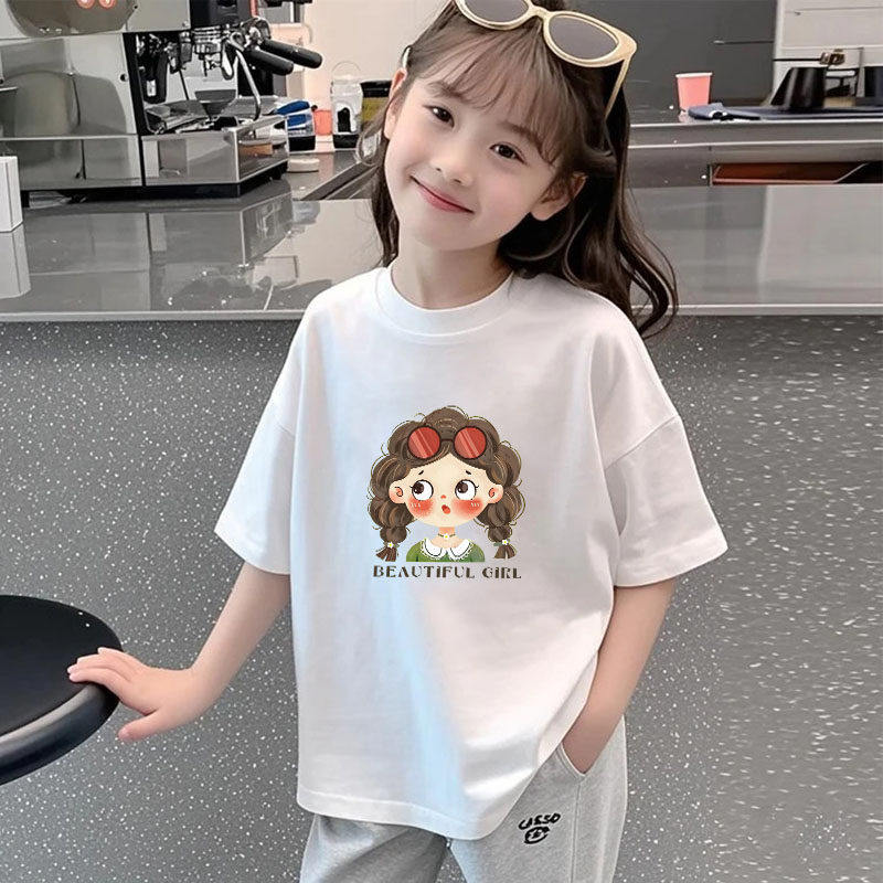 白色纯棉卡通女童短袖t恤2026新款爆款夏宽松中小童半袖上衣体恤