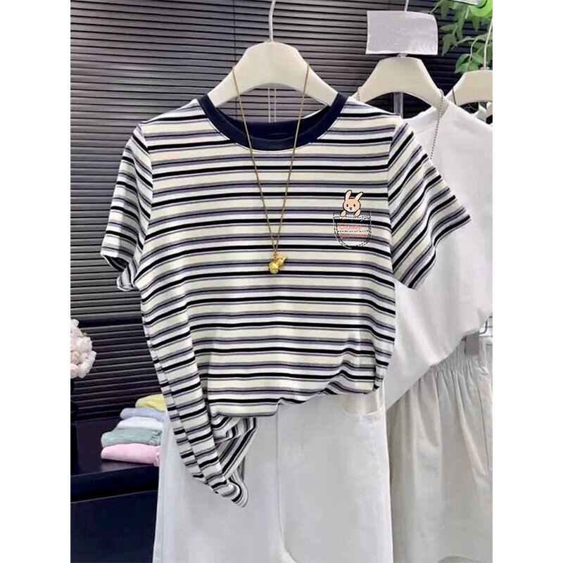 韩版夏季拼色正肩棉质条纹短袖t恤女设计感时尚减龄上衣打底衫ins
