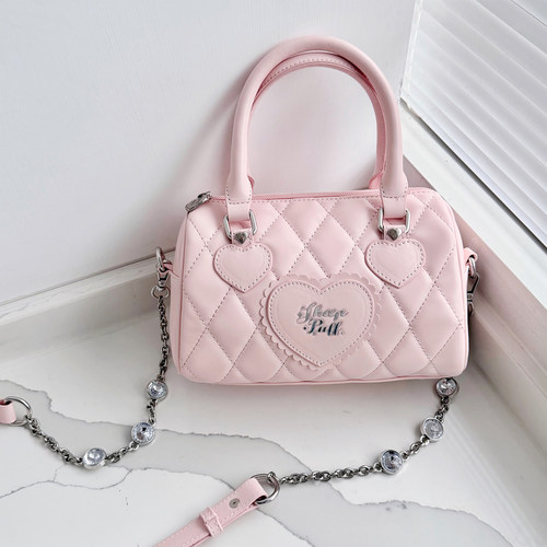 【收藏】绵羊泡芙原创樱花粉菱格手提包少女简约可爱波士顿斜挎包