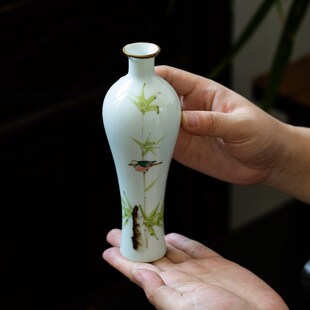 景德镇手绘竹子小鸟陶瓷花瓶中式家居水培插花摆件桌面酒柜瓷花器