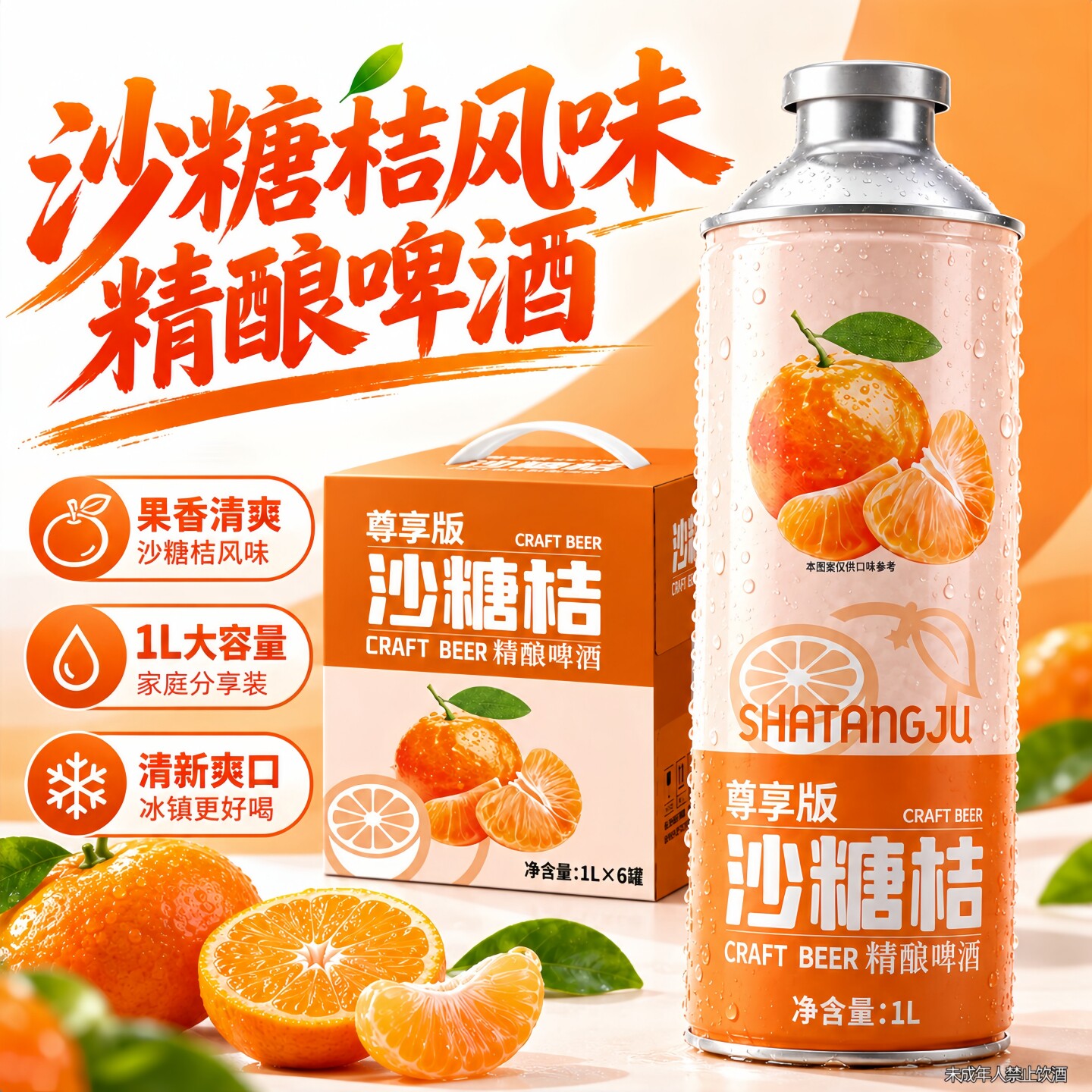 整箱6罐沙糖桔精酿啤酒1L/罐烧烤火锅解腻解渴家庭常备果味啤酒