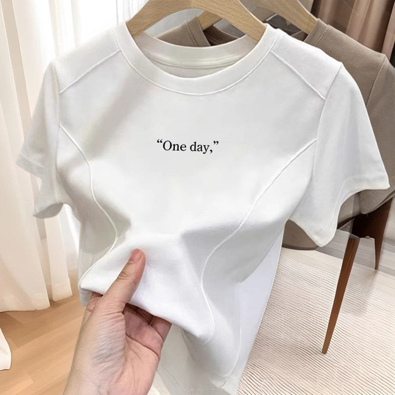 正肩短袖t恤女2025年新款夏季圆领纯棉鱼骨修身显瘦短款字母上衣