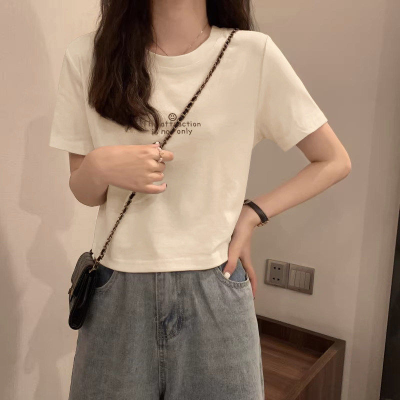 圆领短款短袖t恤女夏季2026新款设计感小众正肩高腰韩版上衣