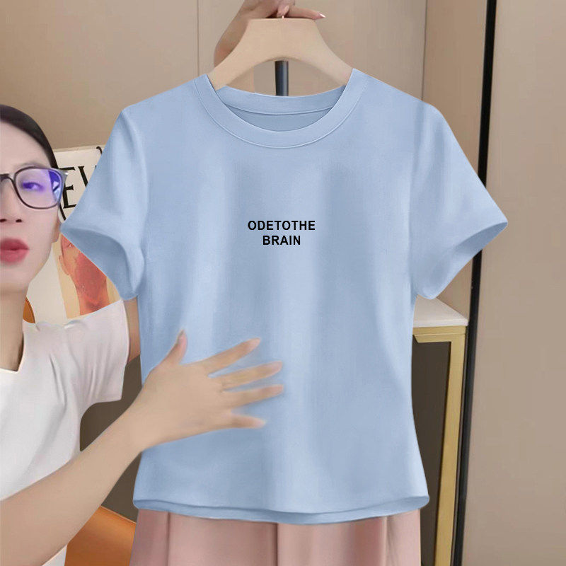 纯棉蓝色短款t恤女ins潮2026新款短袖显瘦夏季设计感体恤正肩上衣