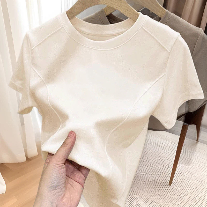 纯棉正肩纯白色短袖t恤女夏季圆领弧形下摆修身收腰纯欲鱼骨上衣