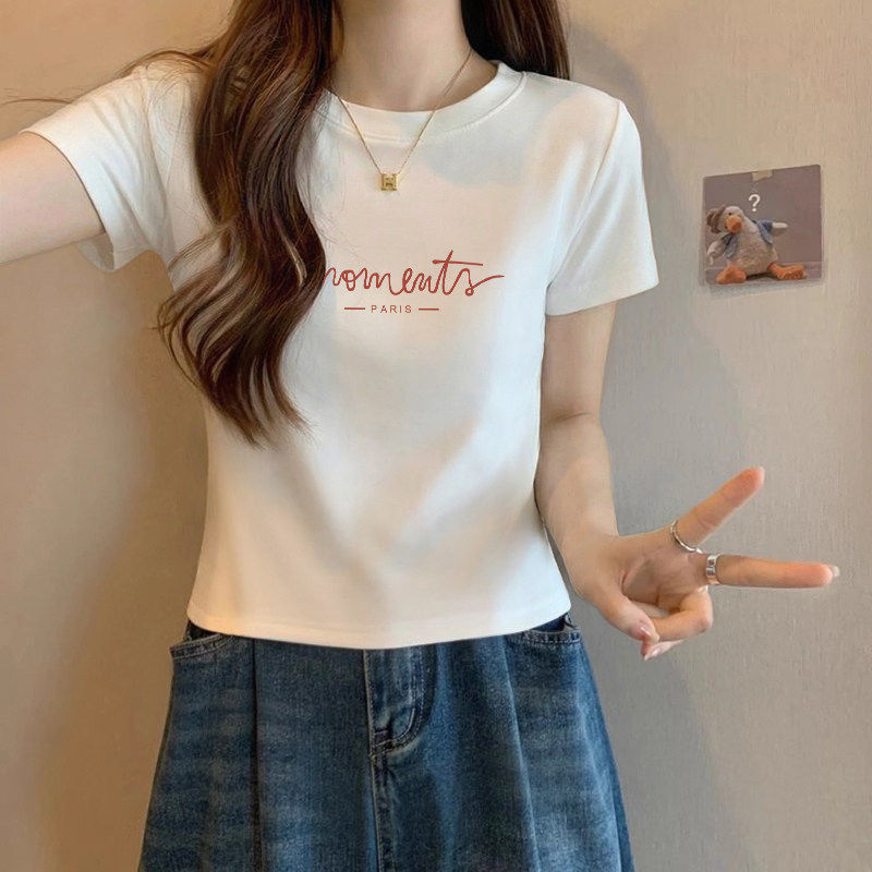 韩系辣妹短款上衣女2026夏新款高腰显瘦时尚字母别致纯棉短袖t恤