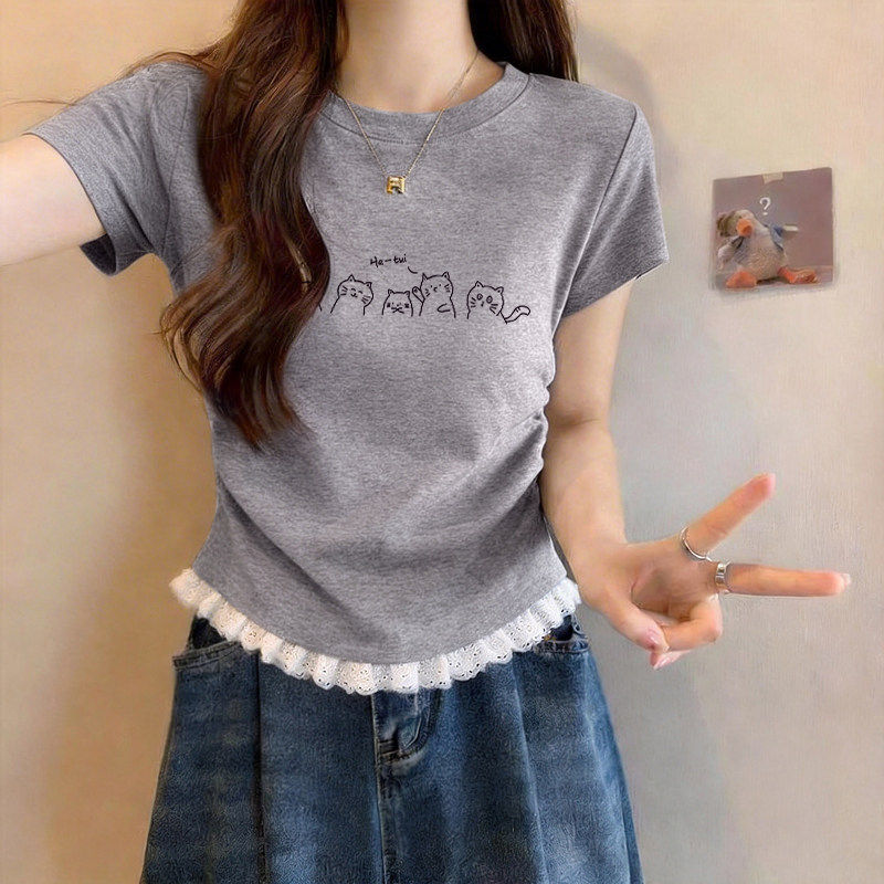 设计感小众蕾丝拼接短袖T恤女2026新款夏季正肩修身显瘦打底上衣