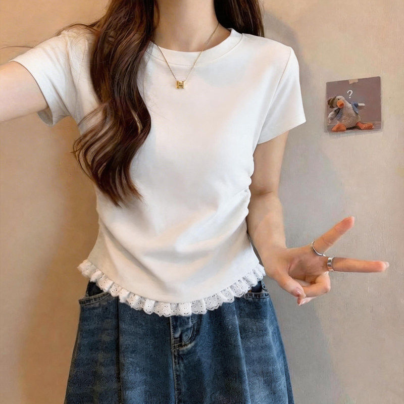 设计感百搭不规则上衣小个子修身蕾丝拼接白色短袖t恤女夏季ins潮
