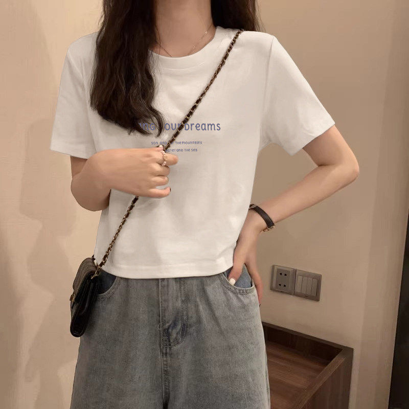 圆领短袖纯棉t恤女白色夏季新款字母百搭洋气小个子显瘦短款上衣