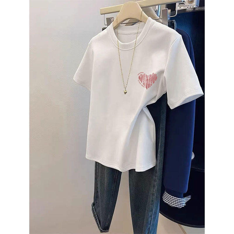 圆领短袖t恤内搭女纯棉小爱心印花简约显瘦小个子短款上衣春夏款