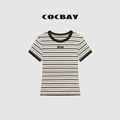 COCBAY-Urban Drift｜都市漫游-撞色条纹正肩修身T恤