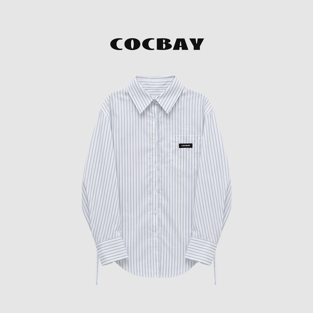 COCBAY-Urban Drift｜夏日清爽翻绑带领竖条纹小众宽松衬衫