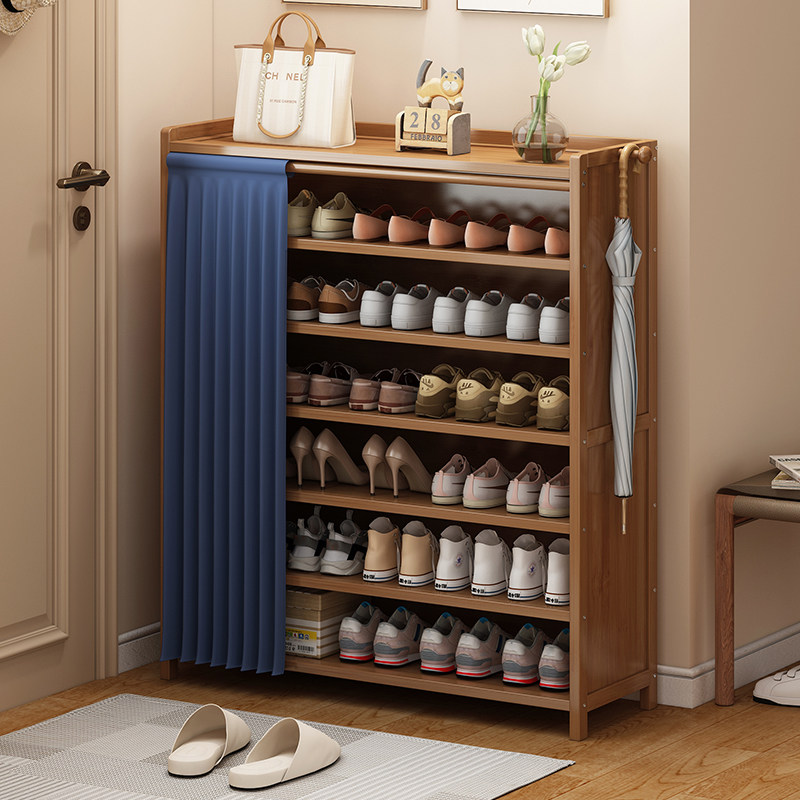 鞋架子家用简易门口收纳神器现代简约收纳柜实木多层带帘防尘鞋柜