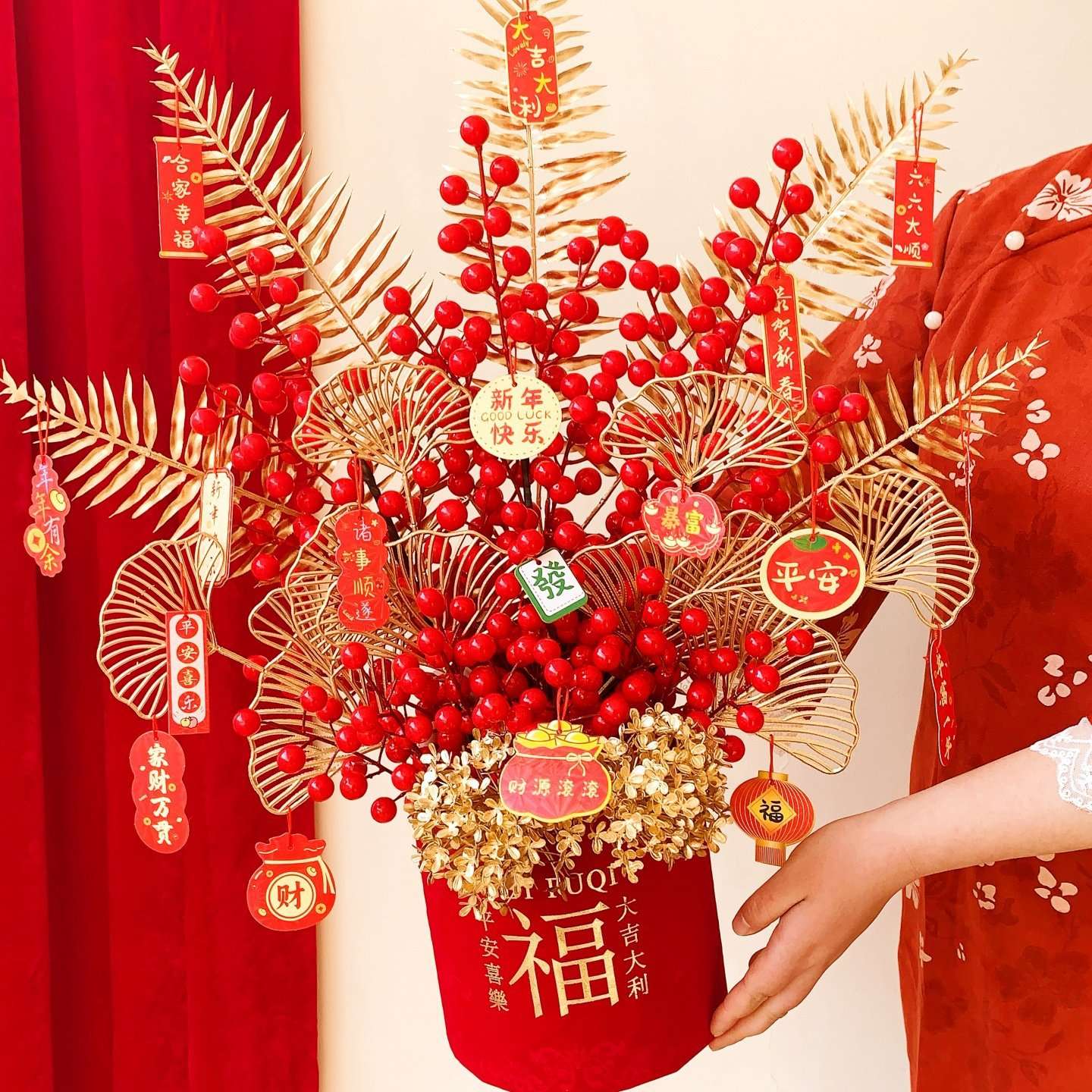 红福桶仿真花红果发财果年宵花卉新年前台摆设客厅装饰品塑料干花