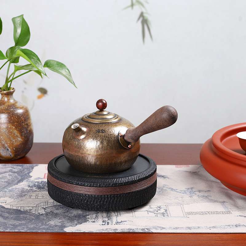 潮汕手工锤纹紫铜侧把煮水壶电陶炉家用鎏银铜壶烧水煮茶器泡茶壶
