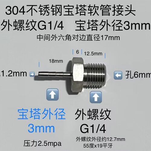G1/4-3 不锈钢宝塔接头 外螺纹G1/4螺纹直径12.7mm 宝塔3mm接软管