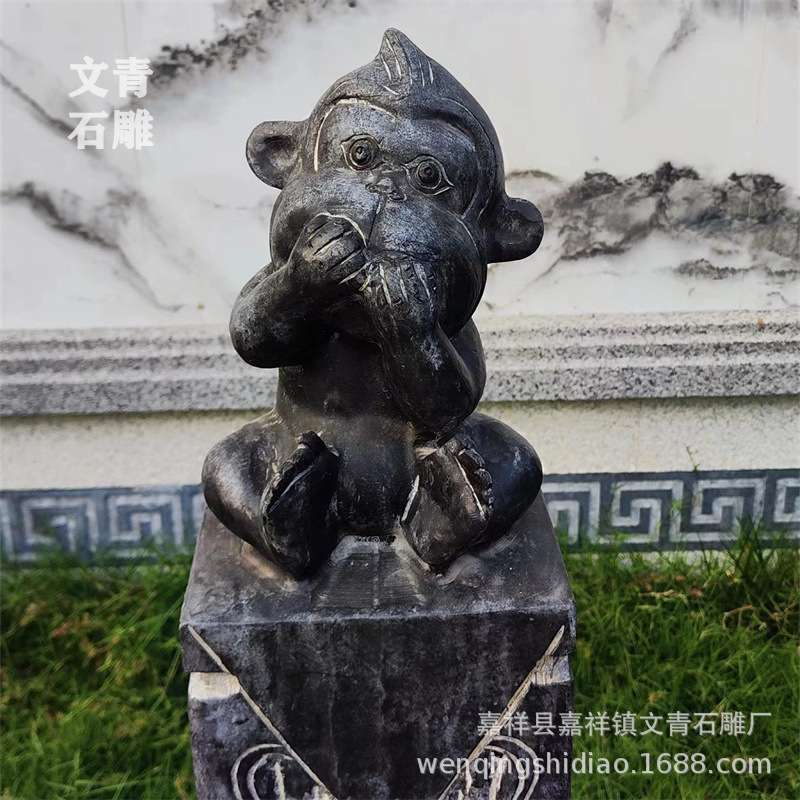 石雕猴子拴马桩做旧三不猴四不猴仿古拴马柱狮子貔貅摆件