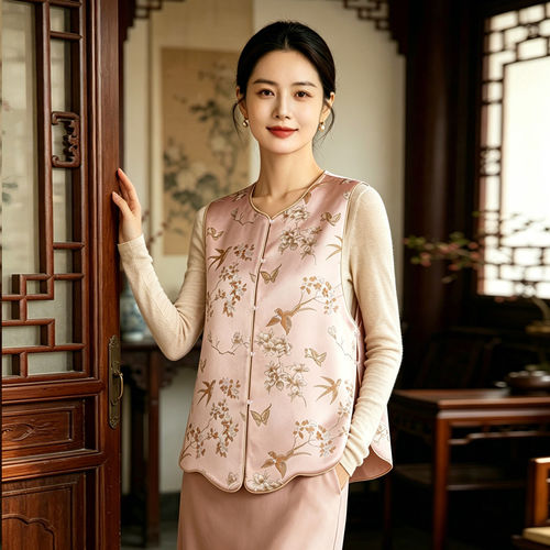 春季新中式侧开叉两面穿锦马甲女