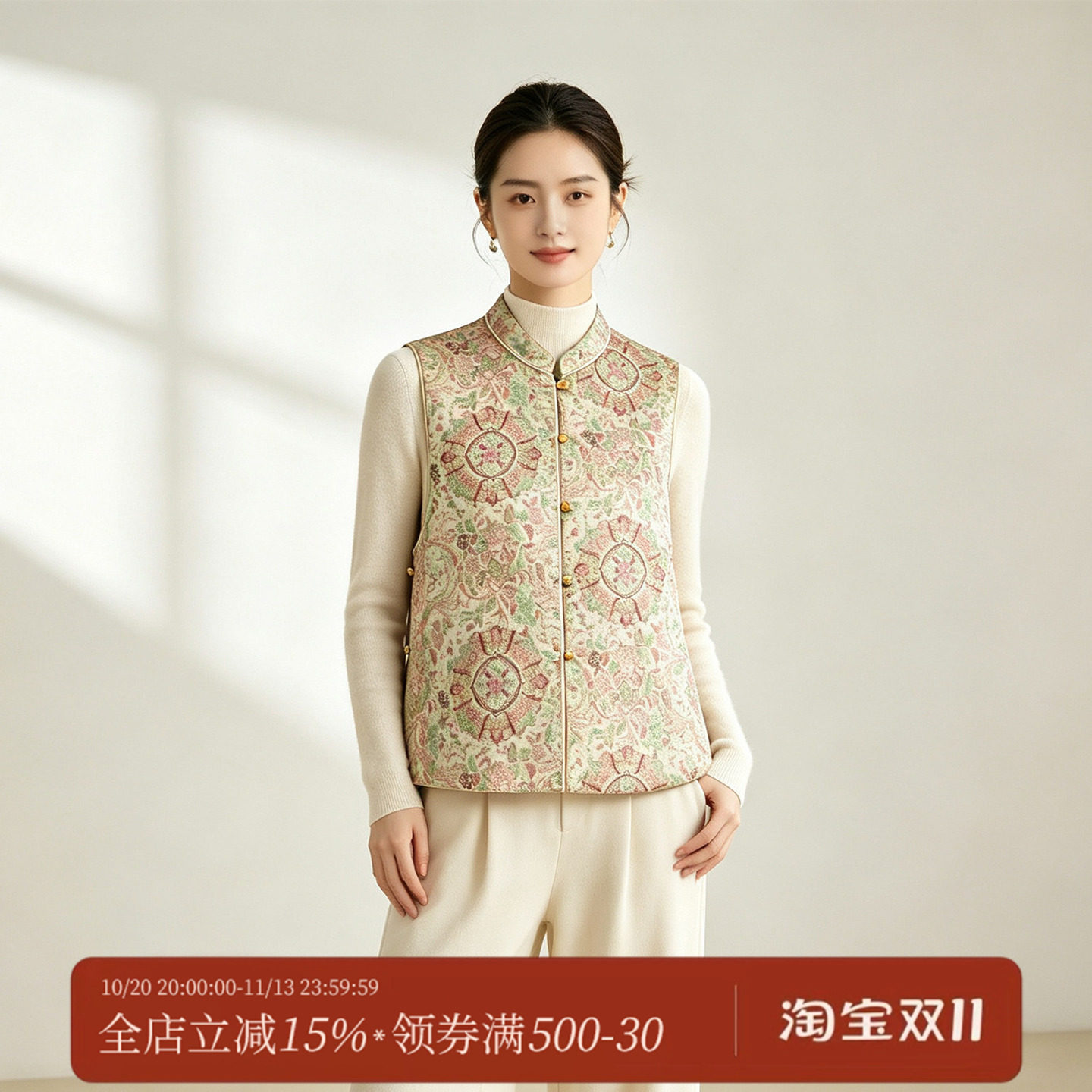 千渝【八音玲珑】天丝提花马甲女秋季双面穿宋锦提花无袖国风坎肩