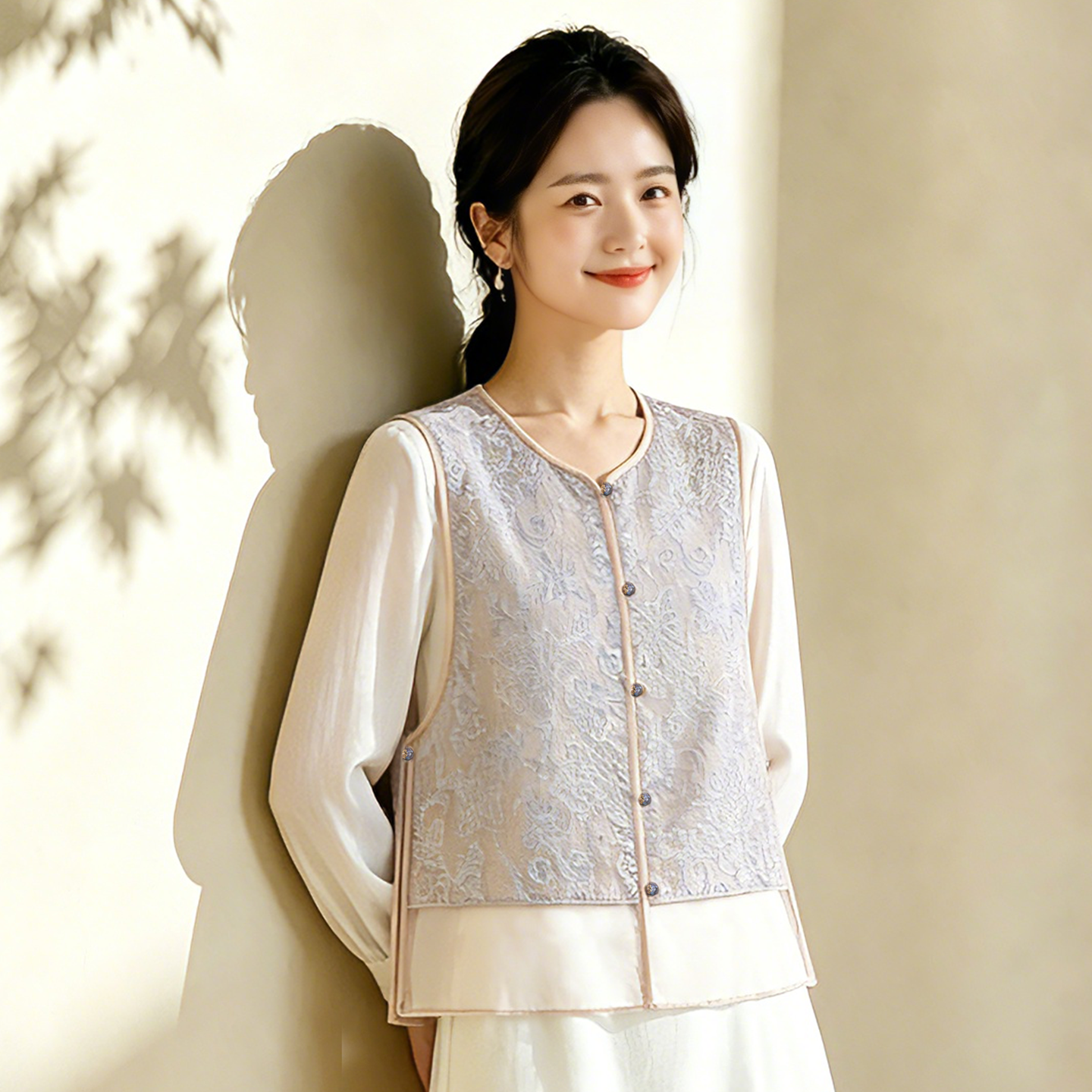 新中式重工珠片桑蚕丝马甲女2026夏季网纱侧开叉背心叠穿真丝罩衫