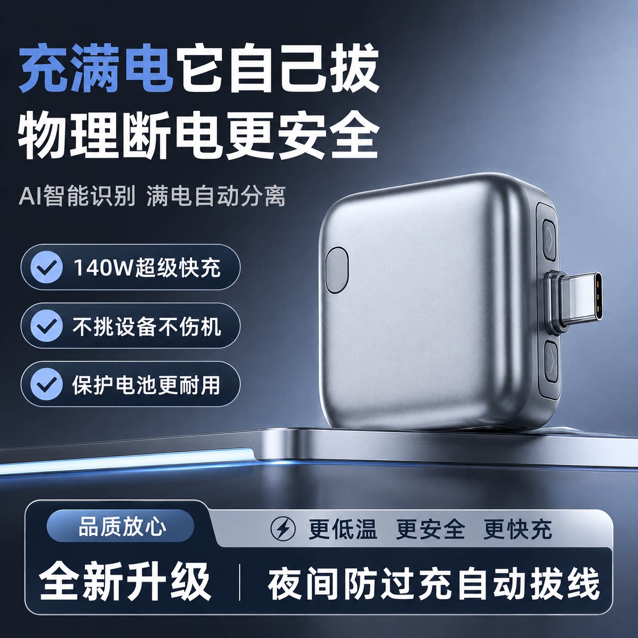 自动断电充电器140w快充头手机防过充Type-C满电自动断电分离器