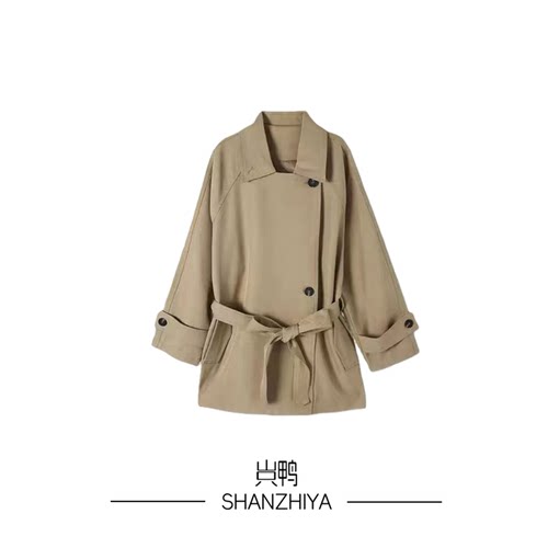 山只鸭/SZY 翻领短款风衣女2026秋季新款系带收腰通勤风气质显