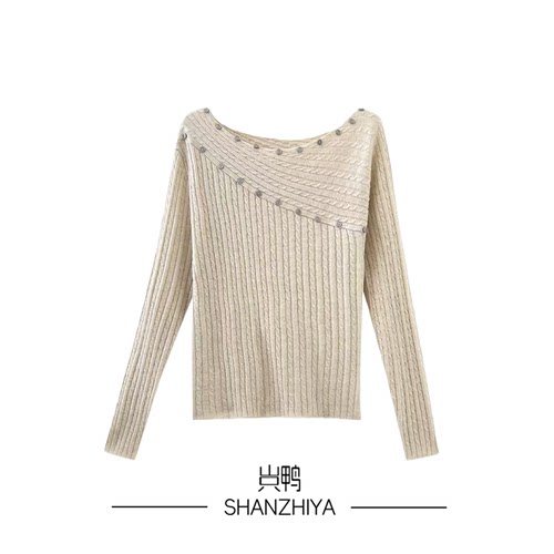 山只鸭/SZY 一字领坑条针织衫女秋季修身百搭
