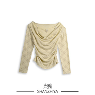 新款 山只鸭 T恤女2026春季 荡领长袖 立体花朵收腰褶皱上衣 SZY