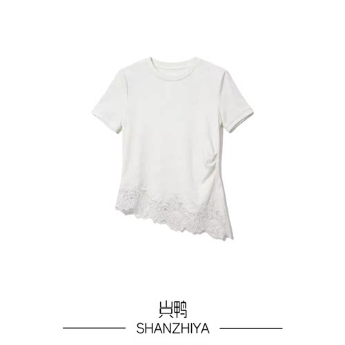山只鸭/SZY 蕾丝拼接圆领短袖T恤2026夏新款上衣女