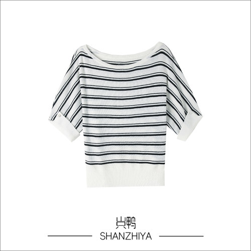 山只鸭/SZY 条纹时尚气质设计感显瘦百搭短袖上衣女