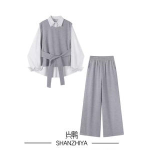 时尚 套装 女马甲 山只鸭 阔腿裤 早春新款 条纹衬衣 气质三件套 SZY