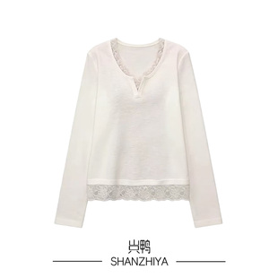T恤女 设计感假两件蕾丝拼接长袖 山只鸭 SZY