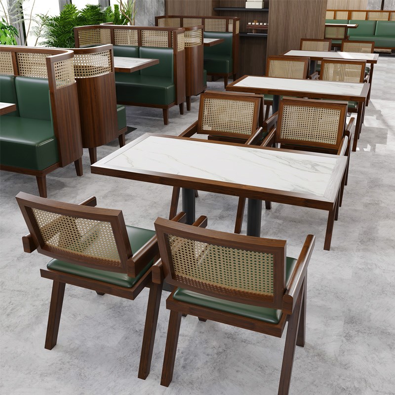 实木编藤火锅奶茶小吃咖啡店中日式面馆茶餐厅方桌椅组合卡座沙发