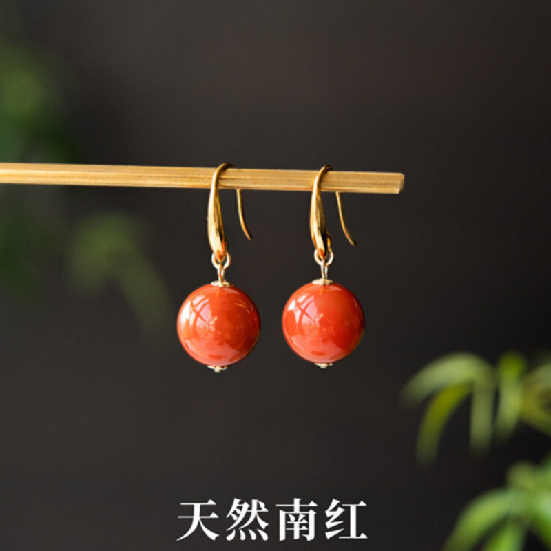 红色耳环南红耳钉中式无洞耳夹女银复古本命年过年耳饰