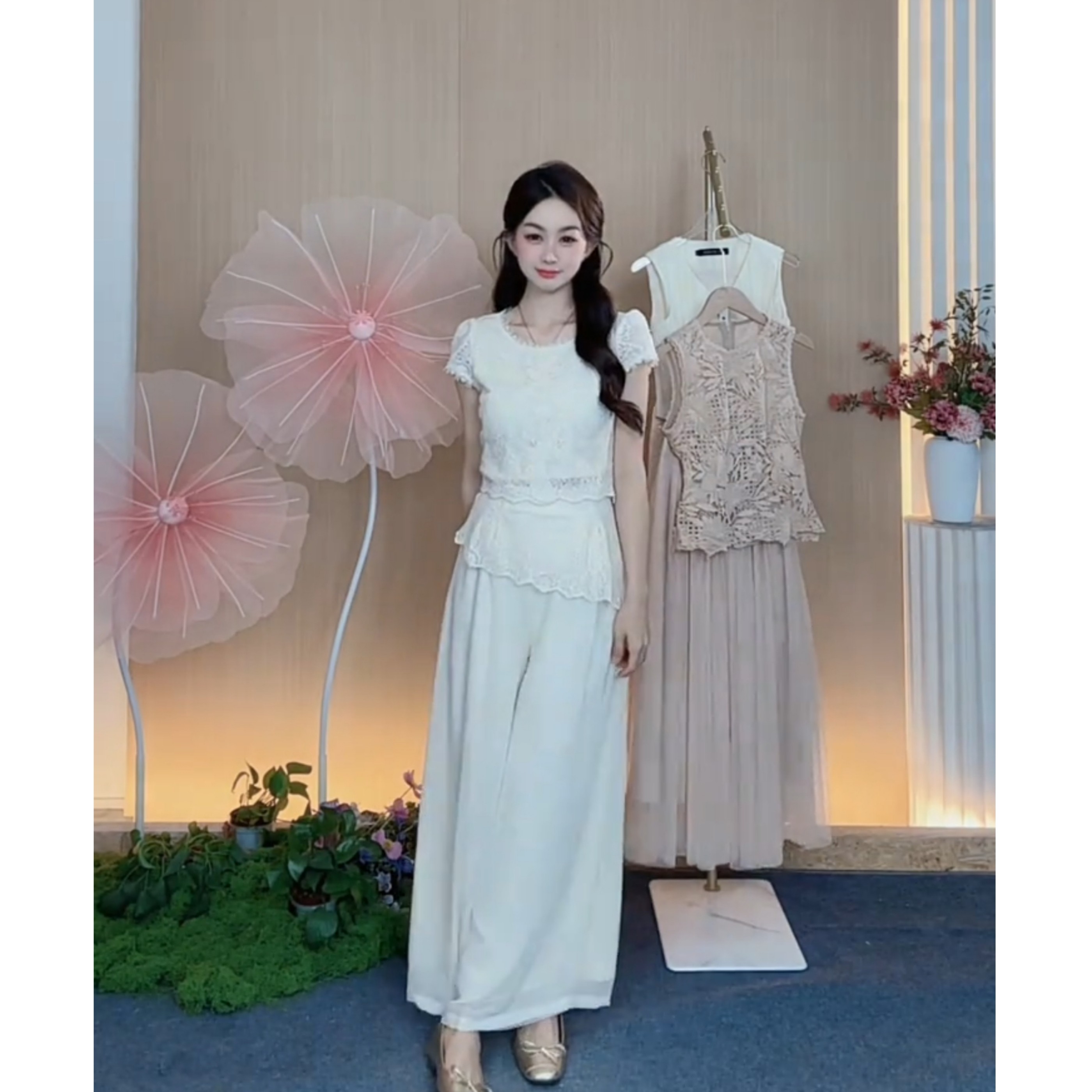 2026夏季新款气质蕾丝温柔风上衣高腰阔腿裤两件套女装套装高级感