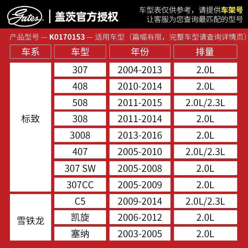 盖茨适配3008标致307凯旋408C5标志508正时组件三件套2.0皮带