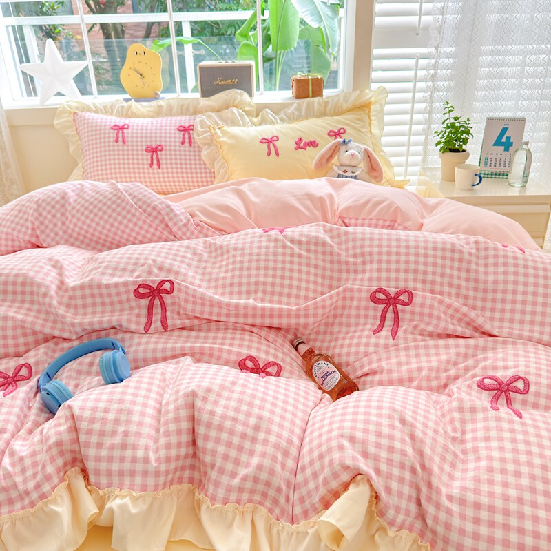 公主风花边水洗棉床上四件套少女心粉色非纯棉全棉被套床单三件套