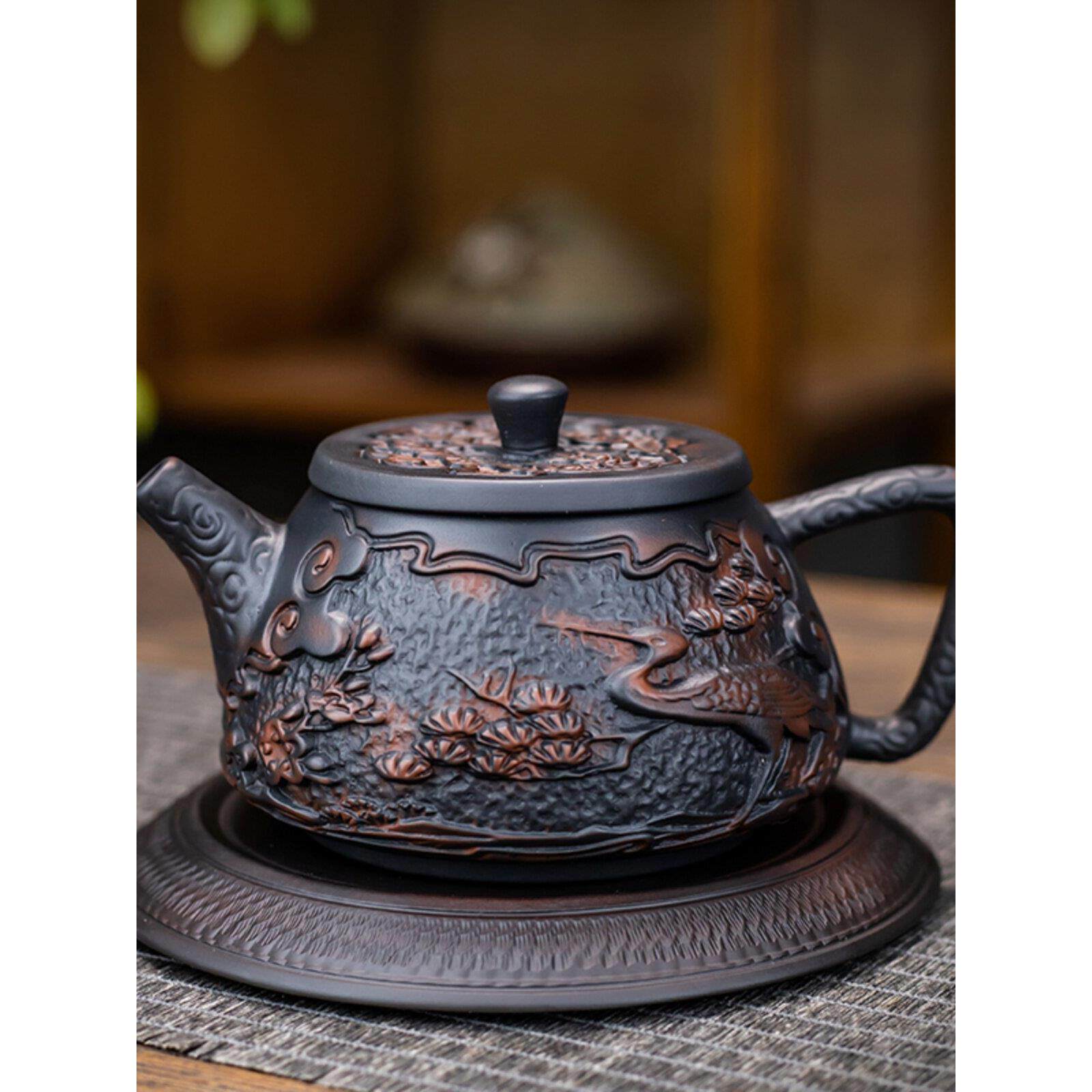 建水紫陶茶壶单壶浮雕紫泥手工紫砂壶西施壶茶具云南手抓壶竹节壶