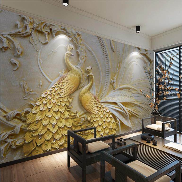 欧式抽象孔雀墙布客厅装饰金色浮雕壁纸新款3d立体电视背景墙壁布