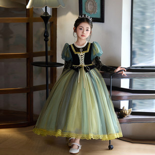 女童安娜公主裙秋冬季2025新款长裙儿童加绒小女孩洋气新年礼服裙