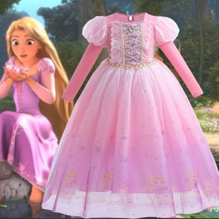 女童长发公主裙cos睡美人爱洛加绒连衣裙生日派对万圣节角色服装