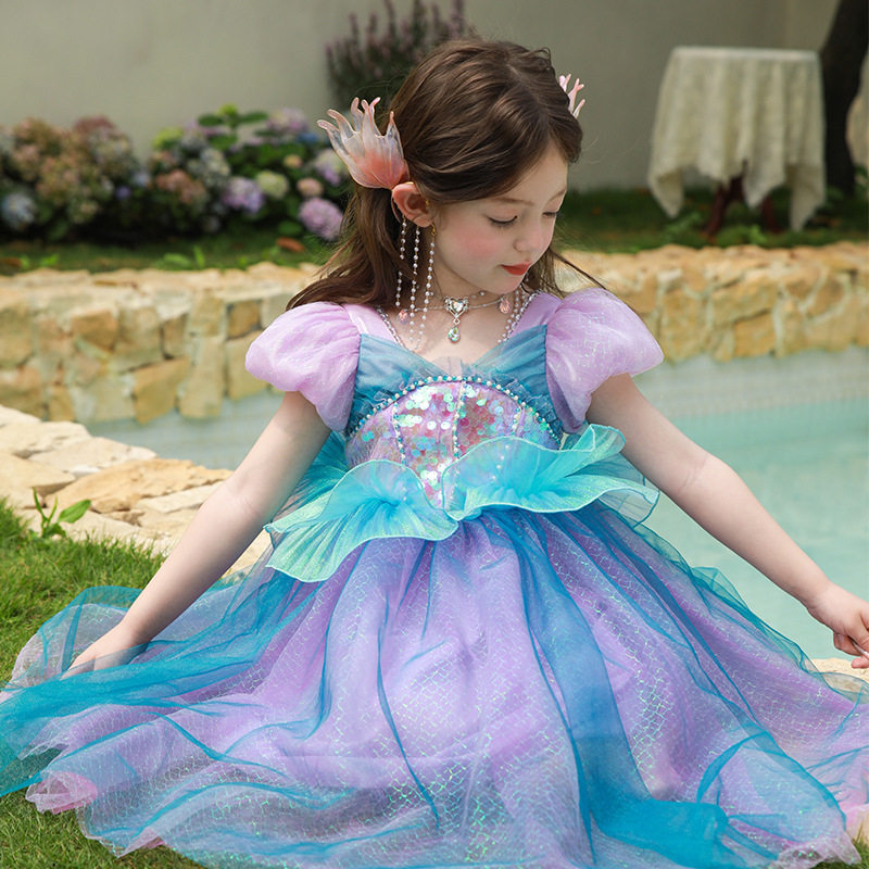 高品质女童绝美人鱼公主裙2025新款夏季泡泡袖幼儿园毕业舞会礼服