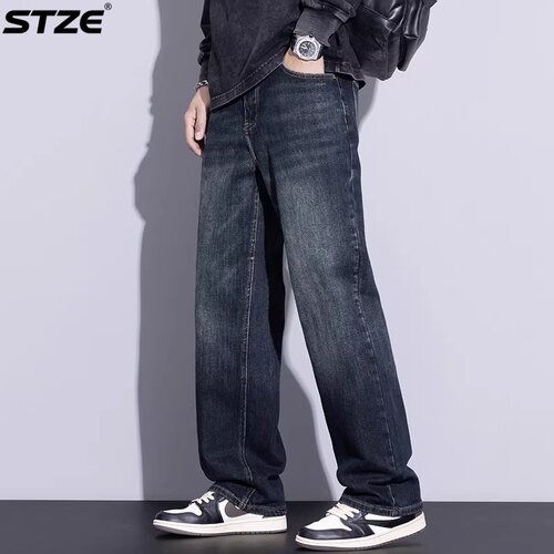 STZE意大利高端水洗深色牛仔裤男士宽松直筒加绒加厚百搭休闲裤子